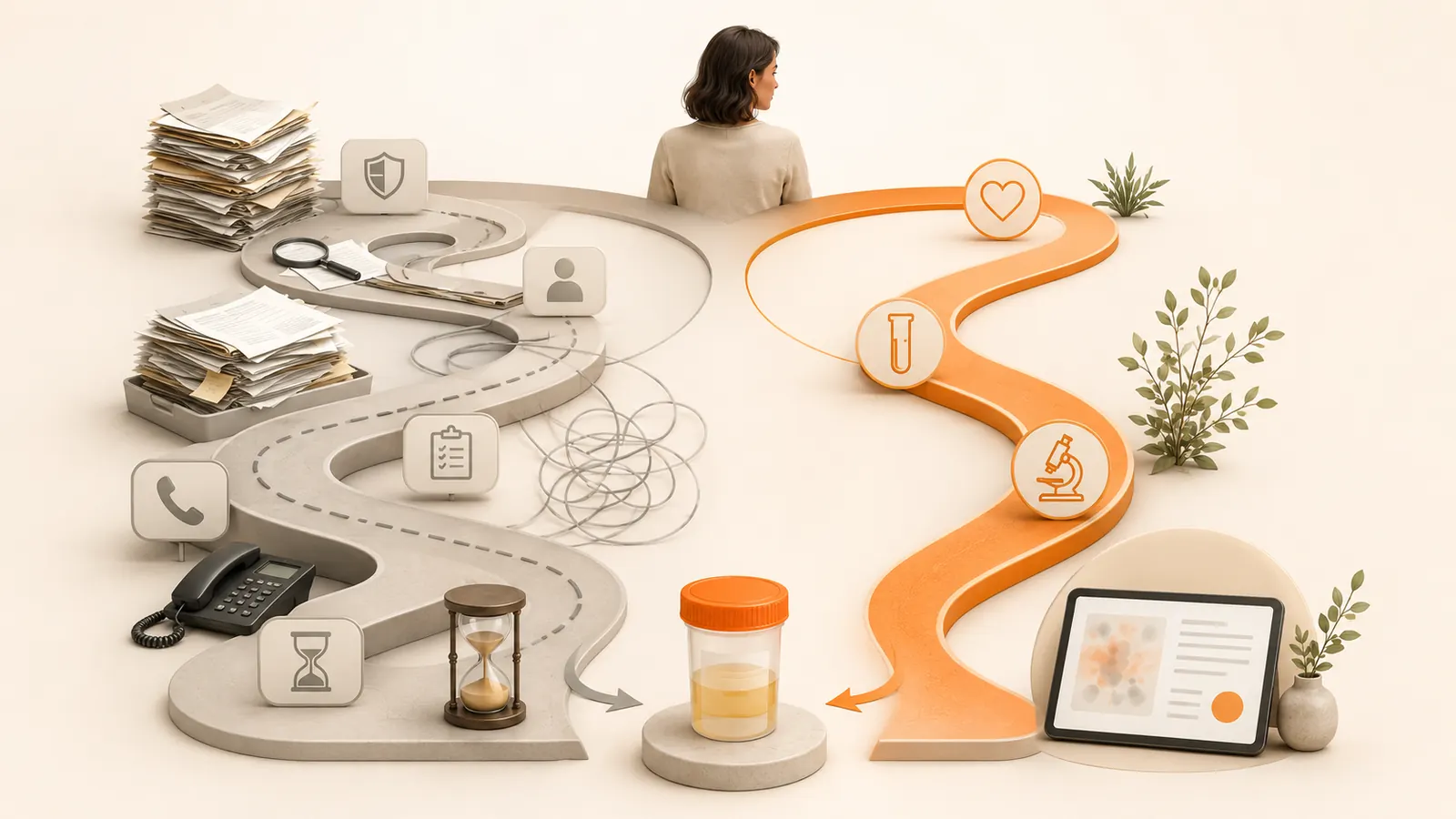 Comparison of a complex insurance workflow and a streamlined cash-pay laboratory path.