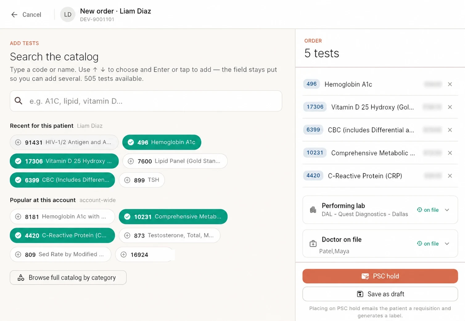 The New Century Labs ordering screen: a catalog search field, recent tests and saved panels, and the order being composed alongside the performing laboratory.