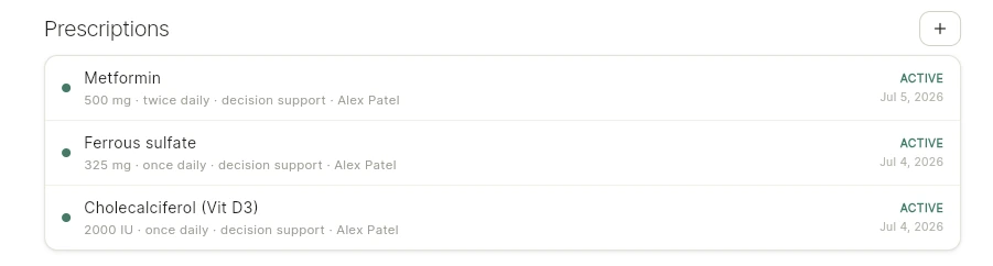 Prescriptions panel on a patient record in the New Century Labs platform, listing three active prescriptions with dose, frequency, decision-support flag and authorizing clinician.